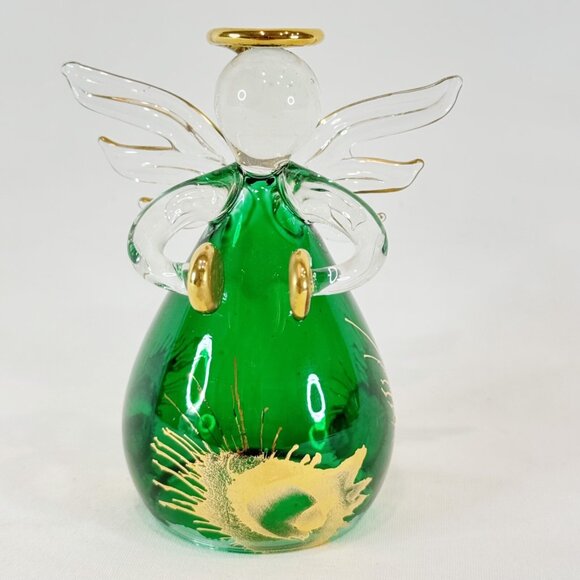 Vintage Hand Blown Glass Green Gold Angel Ornament Standing Decor 4" - Picture 1 of 6